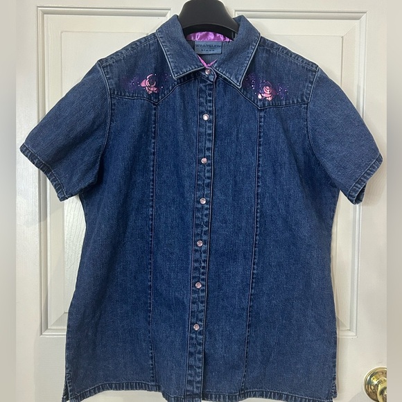 Vintage Wrangler Blues Women’s Large Denim Pearl Snap Shirt - Picture 2 of 7